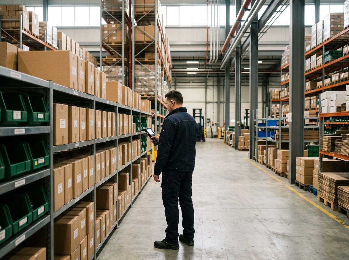 Warehouse associate checking organized stock shelves